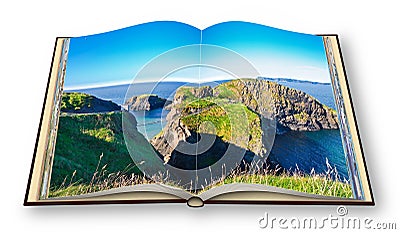 Typical Irish landscape with suspended bridge on cliffs Northern Ireland - United Kingdom - Carrick a Rede - 3D render of an Stock Photo