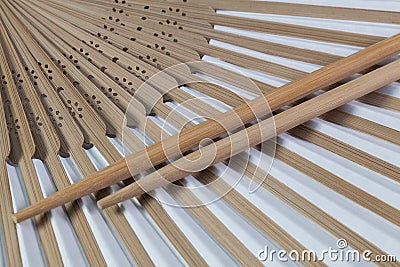 Typical Japanese hand fan and chopsticks Stock Photo