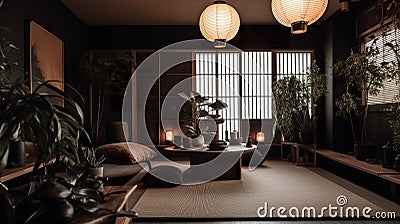 Typical Japanese house with minimalist serenity. Interior design. Cartoon Illustration