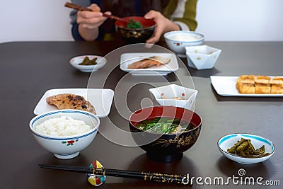 Typical Japanese lunch meal in Yamagata with fish, soup and rice Stock Photo