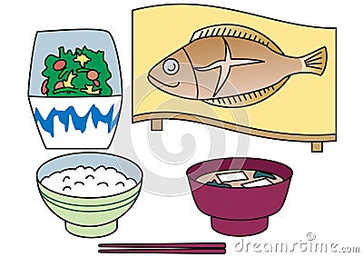 A typical Japanese meal featuring grilled fish Vector Illustration