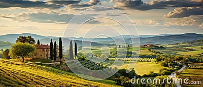 typical landscape of Tuscany with a lot of green hills and trees Cartoon Illustration