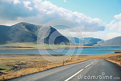 The typical landscape of the western of Iceland, Volcano mountain, highway, Lake and sea, the exotic landscape Icelandic Stock Photo