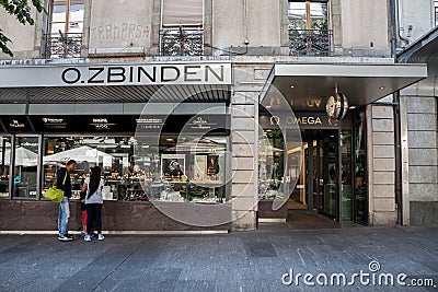 Typical luxury watch and jewelry boutique in the center of Geneva. Swiss watches are a symbol of the swiss know how Editorial Stock Photo