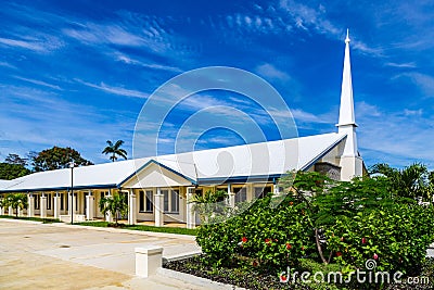 Typical Mormon church. The Church of Jesus Christ of Latter-day Saints in rural Oceania. Tonga, Polynesia, South Pacific Ocean. Stock Photo
