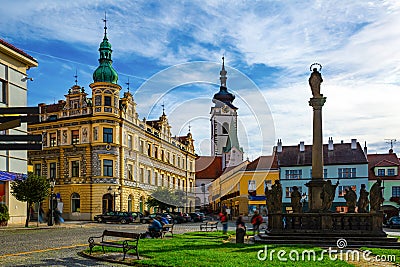 Typical narrow streets of czech city of Pisek in sunny autumn day. Editorial Stock Photo