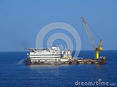 A typical Offshore Accommodation and Work Barge in the Oil and Gas industry. Offshore Accommodation Barge to serve as an offshore. Stock Photo