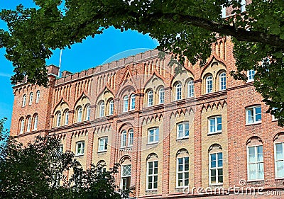 Typical old scandinavian red brick architectural building. Stock Photo