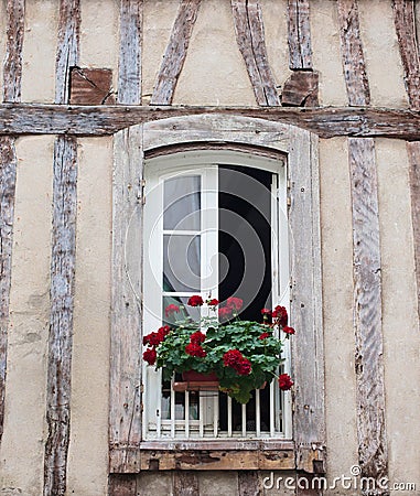 Typical old wall with wood beams in France and window with flower pots Stock Photo