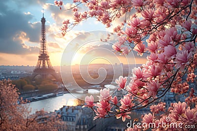 Typical Parisian postcard view of pink magnolia flowers in full bloom on a backdrop of French cityscape. Early spring in Paris, Stock Photo