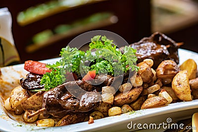 Typical Peruvian food called anticucho Stock Photo