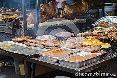 Typical Sardinian food. Sausages roast, bread, steaks roast, pig Stock Photo