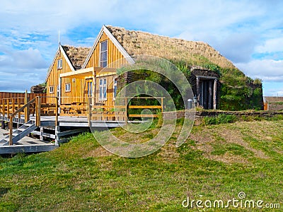 Typical scandinavian house with grass roof Stock Photo