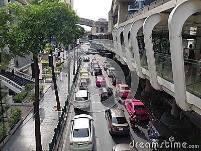 Typical scene during rush hour. A traffic jam with rows of cars. Shallow depth of field. Editorial Stock Photo