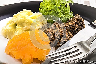 Typical scottish food, haggis with mashed potatoes and mashed po Stock Photo