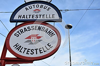 Bus and tramway station sign in Vienna Editorial Stock Photo