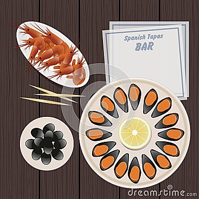 Typical Spanish Food. Tapas. Mussels, Prawns, Olives. Stock Photo