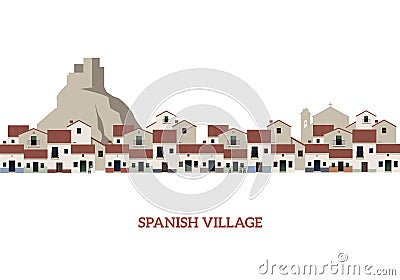 Typical Spanish Village with castle, mountain and church on the background Vector Illustration