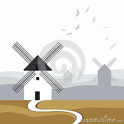 Typical Spanish windmills. Road in the foreground and landscape with birds over the sky in the background Vector Illustration