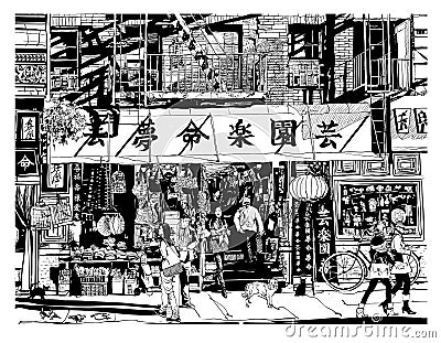 Typical street in chinatown in New York Vector Illustration