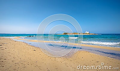 Typical summer image of an amazing pictorial view of a sandy beach and an old white church in a small isl Stock Photo