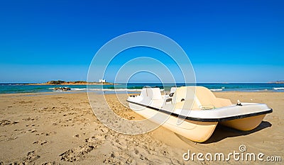 Typical summer image of an amazing pictorial view of a sandy beach and an old white church in a small isl Stock Photo