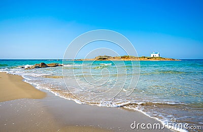 Typical summer image of an amazing pictorial view of a sandy beach and an old white church in a small isl Stock Photo