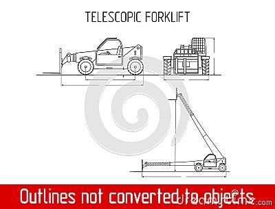 Typical Telescopic handler with fork industrial crane overall dimensions outline blueprint template Vector Illustration