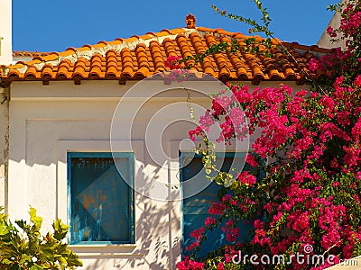 Typical traditional greek house with blue windows and bougainvillea flowers Stock Photo