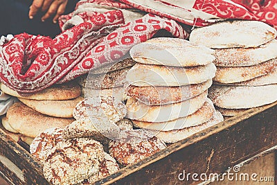 Typical traditional Moroccan bread sesame seeds on street food s Stock Photo