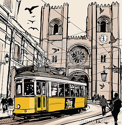 Typical tramway in Lisbon near Se cathedral Vector Illustration