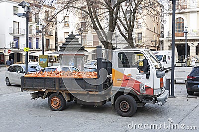 Typical truck of the Repsol energy company used for home delivery of butane gas bottles Editorial Stock Photo