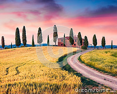 Typical Tuscan view with farmhouse and cypress trees. Colorful summer view of Italian countryside, Val d`Orcia valley, Pienza Stock Photo