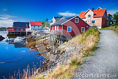 Typical village with wooden houses in Henningsvaer, Lofoten islands, Norway Editorial Stock Photo