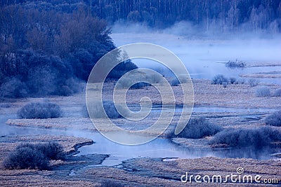 Typical winter landscape around Vltava river near Lipno reservoir, Sumava national park in Czech Republic. Green forest with meand Stock Photo