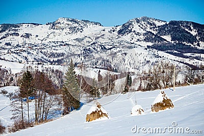 Typical winter scenic view with hayracks Stock Photo