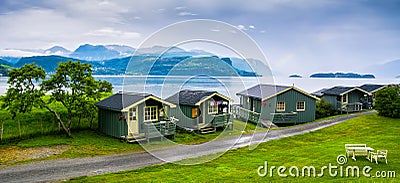 Typical wooden rorbu or fisherman`s houses in Norway Stock Photo