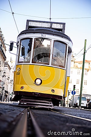 Tram of the city of Lisbon, circulating along the rails Editorial Stock Photo