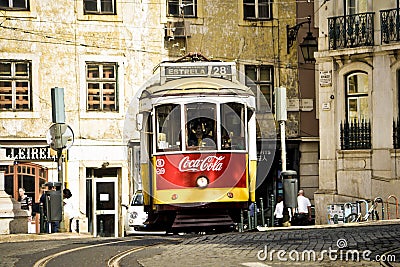 Typical yellow tram , Lisbon, Portugal. Editorial Stock Photo