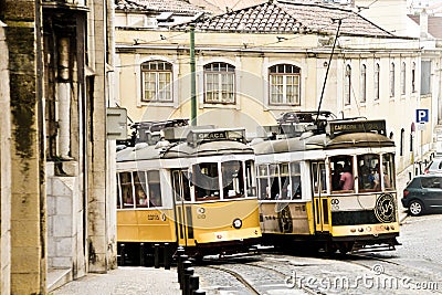 Typical yellow tram , Lisbon, Portugal. Editorial Stock Photo