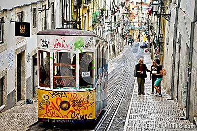 Typical yellow tram , Lisbon, Portugal. Editorial Stock Photo