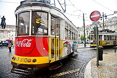 Typical yellow tram , Lisbon, Portugal. Editorial Stock Photo