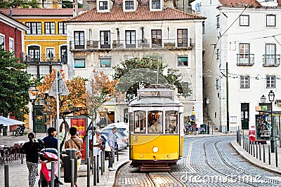 Typical yellow tram , Lisbon, Portugal. Editorial Stock Photo