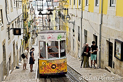 Typical yellow tram , Lisbon, Portugal. Editorial Stock Photo