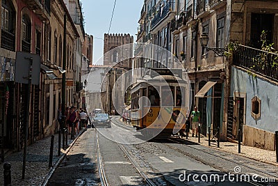 Typical Yellow Vintage Tram in Narrow Street of Lisbon, Portugal Editorial Stock Photo