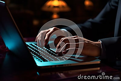 Online programmer hacking business laptop connection digital hand hacker internet dark attack technology Stock Photo