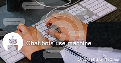 Typing on keyboard, person developing chatbot software with notebook on desk Stock Photo