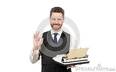 typist author isolated on white background. bookman or novelist. secretary working in publishing Stock Photo