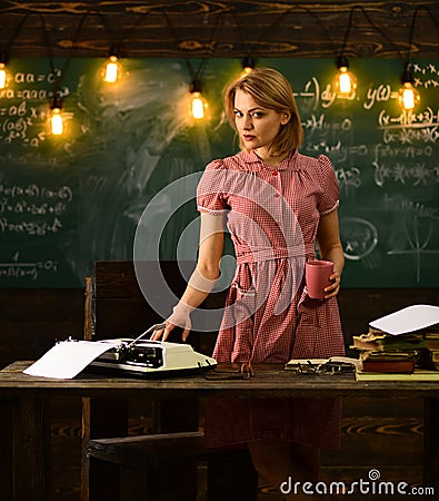 Typist. Professional typist. High quality skills of typist woman. Stock Photo