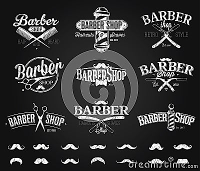 Typographic Barber Shop Emblems chalk drawing Vector Illustration